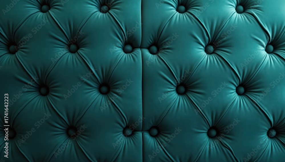 Obraz premium Deep teal tufted velvet texture background. Diamond pattern with buttons. Upholstery design imitates leather. Surface looks quilted. Background suits interior design projects. Used in web design