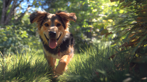 Adventurous Canine Frolickng Joyfully in Sunlit Park Capture the Playful Spiri of a Dog Relishing the Oudoors Amidst Lush Greeneryand a Refreshing Breeze