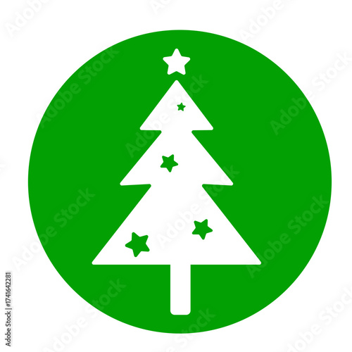 Silhouette of a Christmas tree with stars, negative space on a green circle background for holiday celebration concept