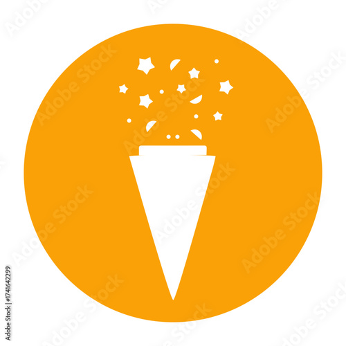 Silhouette of a festive party horn with confetti, negative space on an orange circle background for celebration concept