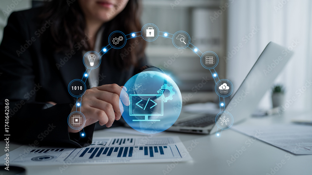 Naklejka premium Global software development and coding solutions. Empowering businesses with custom application development and technology innovation. Motif