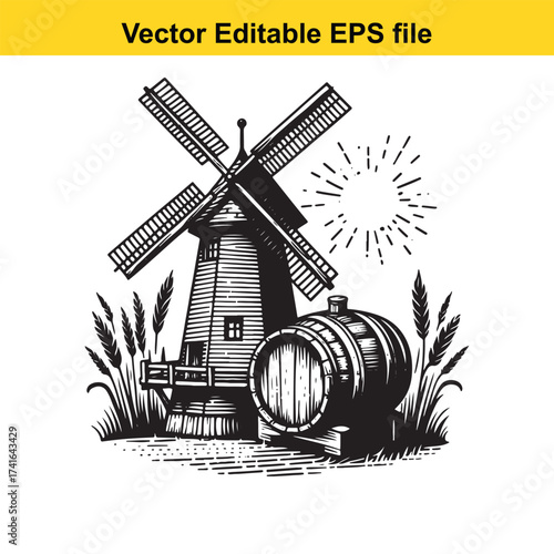 Vector art of windmill and barrel with wheat