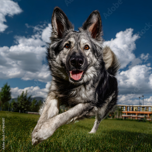Adventurous Canine Frolickng Joyfully in Sunlit Park Capture the Playful Spiri of a Dog Relishing the Oudoors Amidst Lush Greeneryand a Refreshing Breeze
