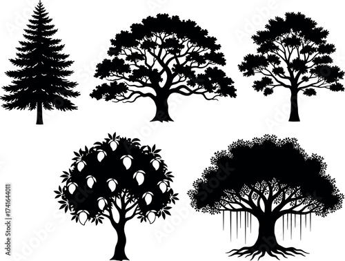 Silhouette tree collection with diverse shapes, botanical variety, forest elements, nature icons, isolated black trees for landscape design and art