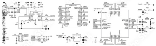 Schematic diagram of electronic device on sheet of paper. Vector drawing electrical circuit with microcontroller, led, usb connector, resistor, integrated circuit, capacitor, diode, other components.