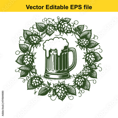 Vector art of mug of beer surrounded by hops and leaves