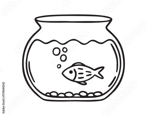 Goldfish or fish in round aquarium icon doodle hand drawn. Outline line drawing clipart symbol