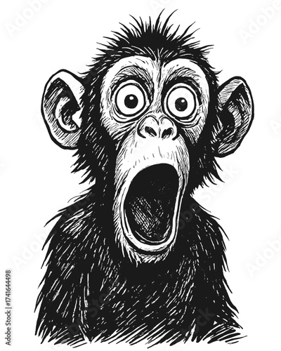 Black and white ink drawing of a surprised monkey, hand-drawn with pen and ink technique. Detailed expressive vector illustration in monochrome graphic style.