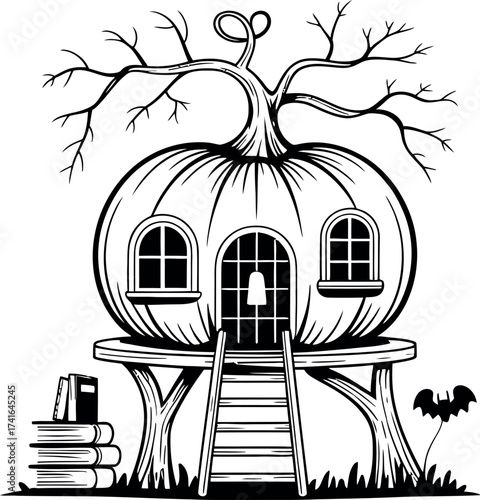 Pumpkin house on stilts with books.
