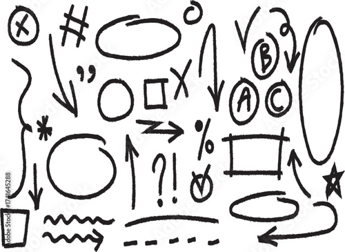 Hand drawn sketchy symbols and arrows for ideas and direction