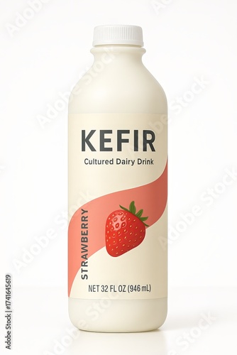 Closeup of Kefir Bottle Packaging with Label Isolated on Blank White No Background Generative Illustration Studio Render Strawberry