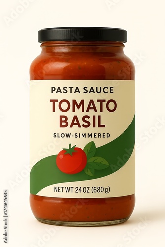 Rendering of Pasta Sauce Jar with Label Fake Product Isolated on Blank White No Background Tomato Basil