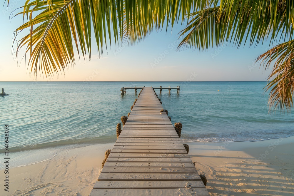 Obraz premium Beautiful tropical shoreline with turquoise sea soft white sand and blue sky.