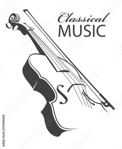 monochrome illustration of violin with bow isolated on white background