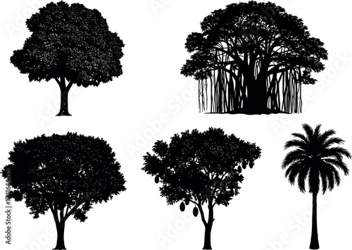 Tree silhouette collection featuring tropical, banyan, jackfruit, and palm species with distinct canopy shapes and foliage for nature design
