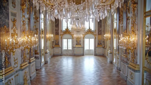 Opulent Ballroom with Crystal Chandeliers and Ornate Decorations.