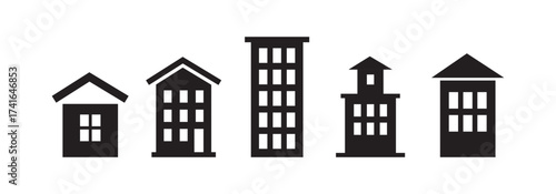 Building vector icon flat Set. House and building isolated Black and white colour