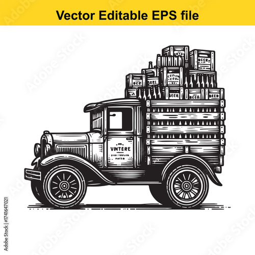 Vector art of vintage truck loaded with beer bottles and crates