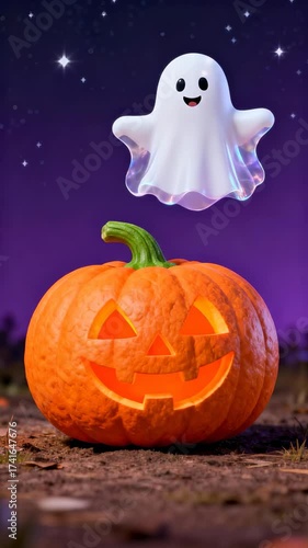 Cute ghost dancing over a carved Halloween pumpkin at night. vertical story