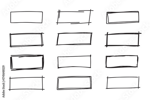 Hand drawn doodle vector rectangle frames. Grungy scribble rectangle frames. Doodle geometric borders. Pen ink empty black text boxes set. 