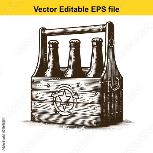 Vector art of wooden carrier with three bottles of beer