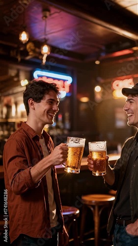 Friends toasting with beer mugs at a cozy pub interior Vertical story