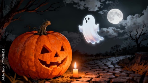 Cute ghost dancing over a carved Halloween pumpkin at night