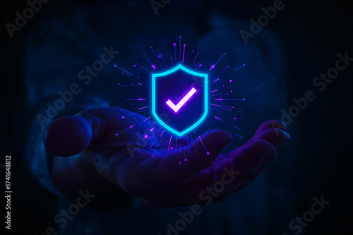 Neon shield icon with checkmark glowing in hands