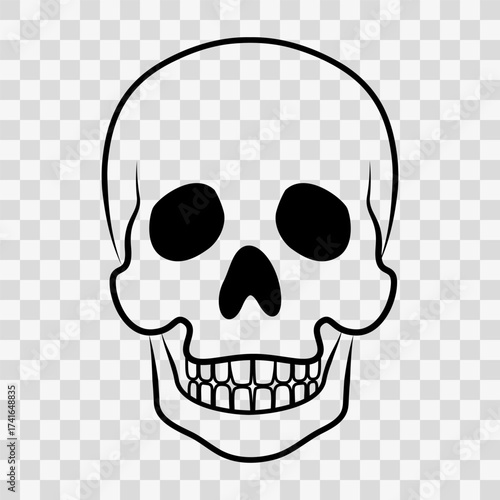 Skull Icon. Human skull line silhouette, isolated on white background. Vector illustration, traditional Halloween decorative element. Halloween black skull logo for scary design or decor.