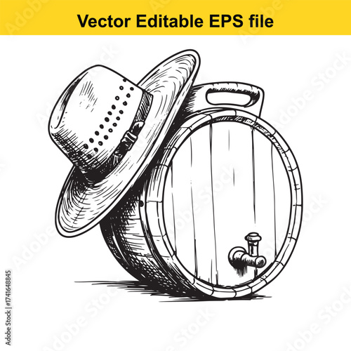 Vector art of cowboy hat resting on a wooden barrel