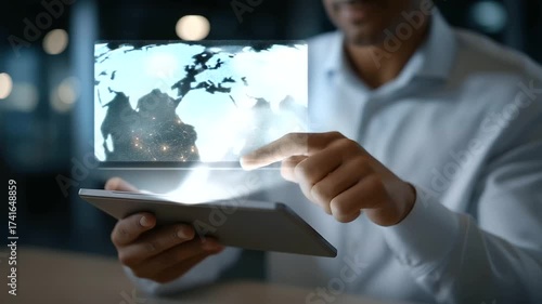 Wallpaper Mural Close-up of hands holding a tablet projecting a 3D holographic network with locks and secure nodes, highlighting online security concept, cloud security, encrypted communication, and monitoring of Torontodigital.ca