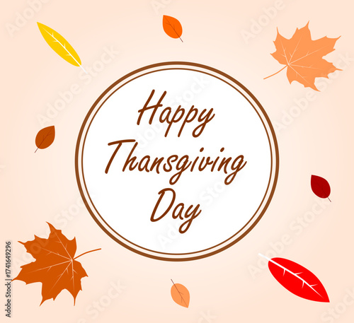 Thanksgiving card with colorful autumn leaves and the inscription "Happy Thanksgiving Day" in a round frame