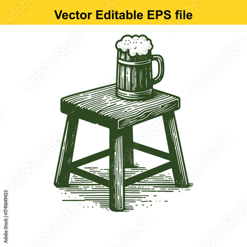Vector art of beer mug on a wooden stool