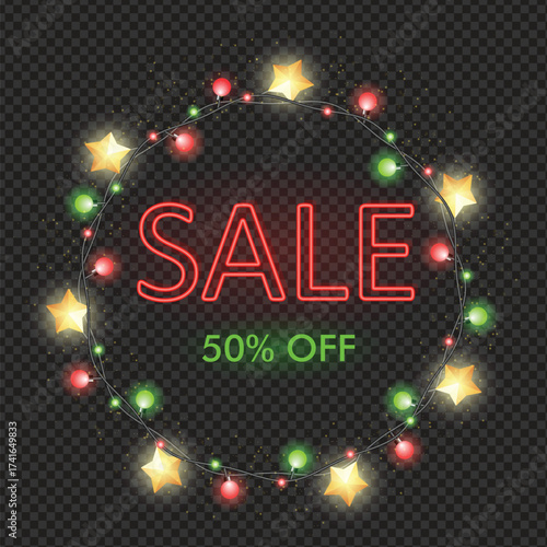 Neon sale banner in red and green colors with holiday lights wreath with glowing stars, colorful light bulbs and twinkles isolated on transparent background, vector illustration
