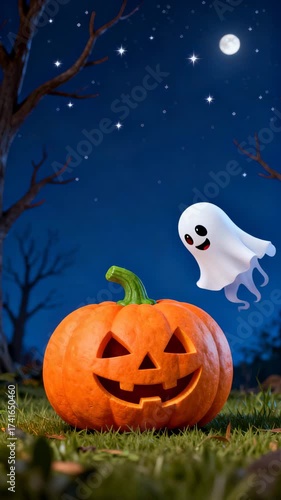Cute ghost dancing over a carved Halloween pumpkin at night vertical story