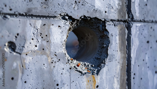 A Detailed View of a Cleanly Bored Hole in a Weathered Concrete Wall with Exposed Texture