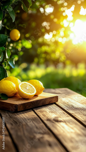 Fresh Lemons on a Wooden Table in a Sunlit Garden with Golden Evening Light