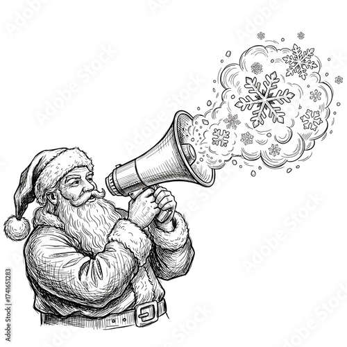 Santa Claus shouting into a megaphone with snowflakes flying out of it – ink sketch hand-drawn style, engraving vintage black and white vector illustration	
