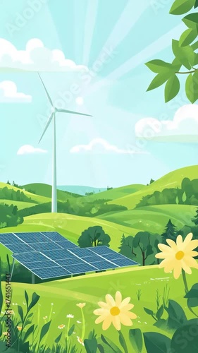 Ecology Illustration with Wind Turbine and Photovoltaic Panels – Sustainable Energy Concept