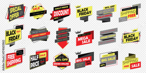 Large banner set isolated on transparent background. Sale, Spesial pffer, Half price, Black Friday, 50% OFF, discount and free shipping banner set. Bright (red, yellow, black and gray) vector banner s
