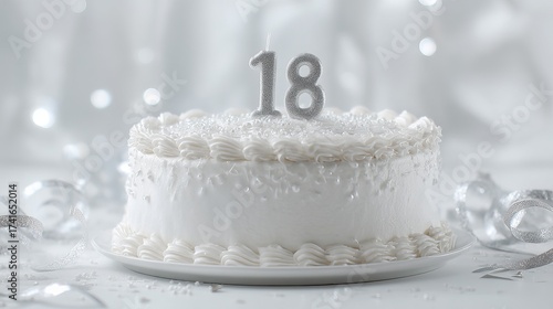 Elegant white birthday cake with '18' candle, surrounded by festive decorations and sparkling elements.
