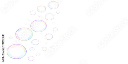 Soap bubbles on a black background show transparent spheres of light and air floating in clear water