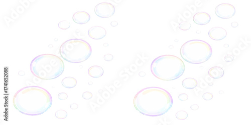 Transparent soap bubbles float on pink and blue liquid backgrounds, illustrating a clear sphere vector pattern