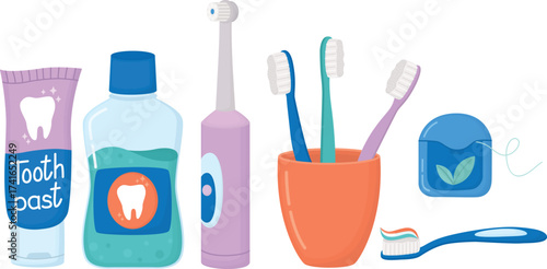 Toothpaste, floss, toothbrushes, cup and mouthwash. Illustration with set of oral hygiene products