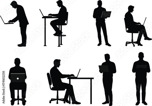 Black silhouette illustration, businesspeople with laptops, office work, remote working, ergonomic postures, corporate professionals, productivity, workplace