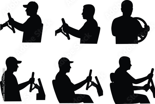 Black silhouette illustration, drivers holding steering wheels, car driving postures, vehicle operation, ergonomics, transportation, automotive concept