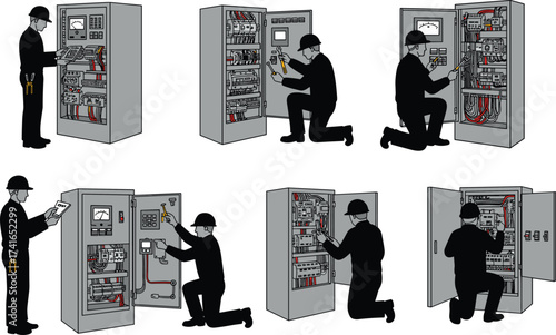 Electrician working control panel, technician with tools, electrical maintenance, wiring inspection, safety helmet, troubleshooting system, industrial energy repair, 