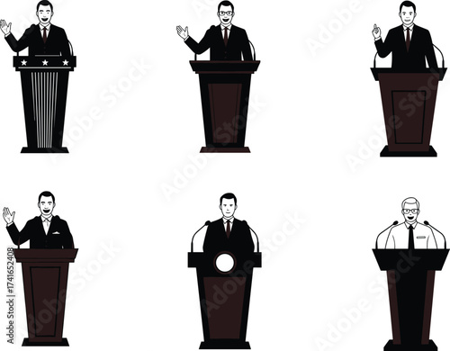 Black silhouette illustration, public speakers at podiums, political debate, leadership, presentation, formal attire, conference, communication