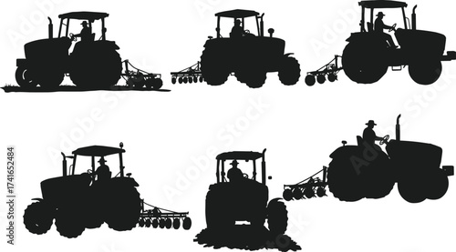 Black silhouette illustration, tractors with seed drills, agricultural machinery, farming equipment, soil preparation, crop planting, rural agriculture