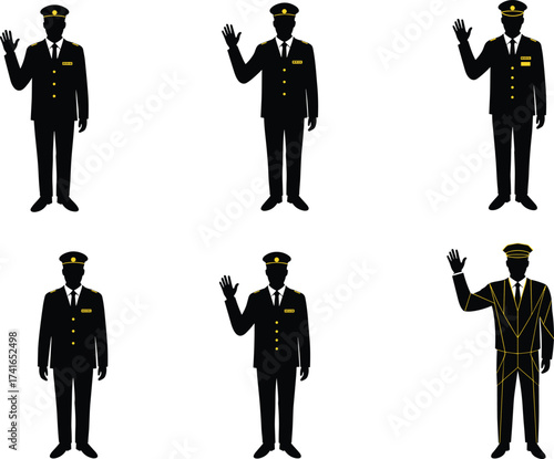 Black silhouette illustration, uniformed professionals, formal attire, peaked caps, waving gesture, pilots, chauffeurs, service staff, authority roles